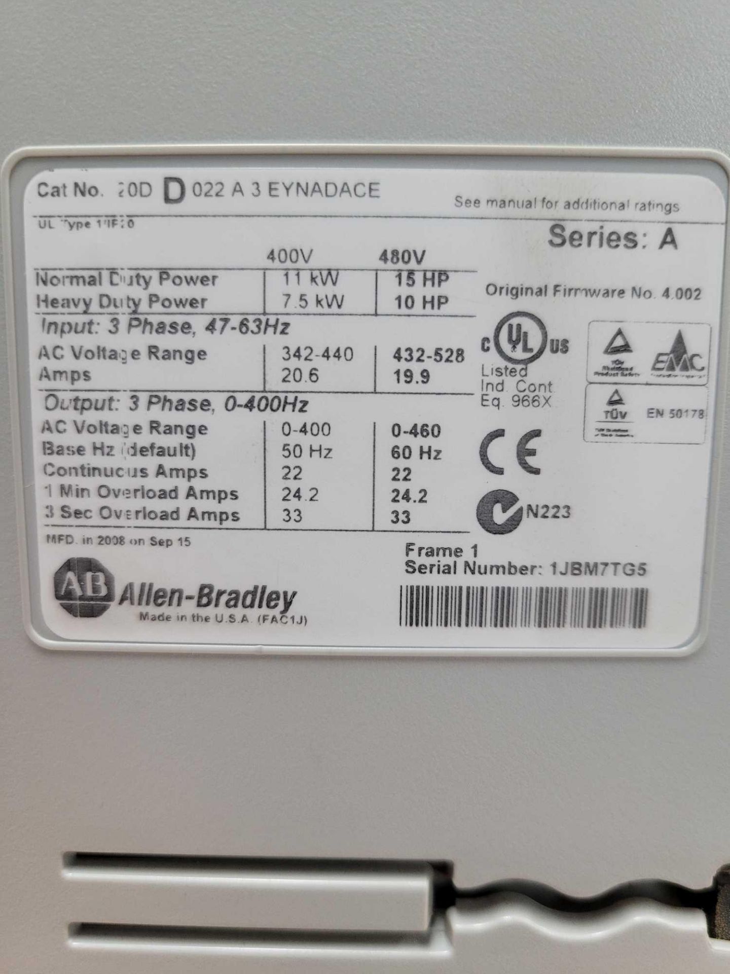 ALLEN BRADLEY 20DD022A3EYNADACE / A Powerflex 700S AC Drive - Image 3 of 5
