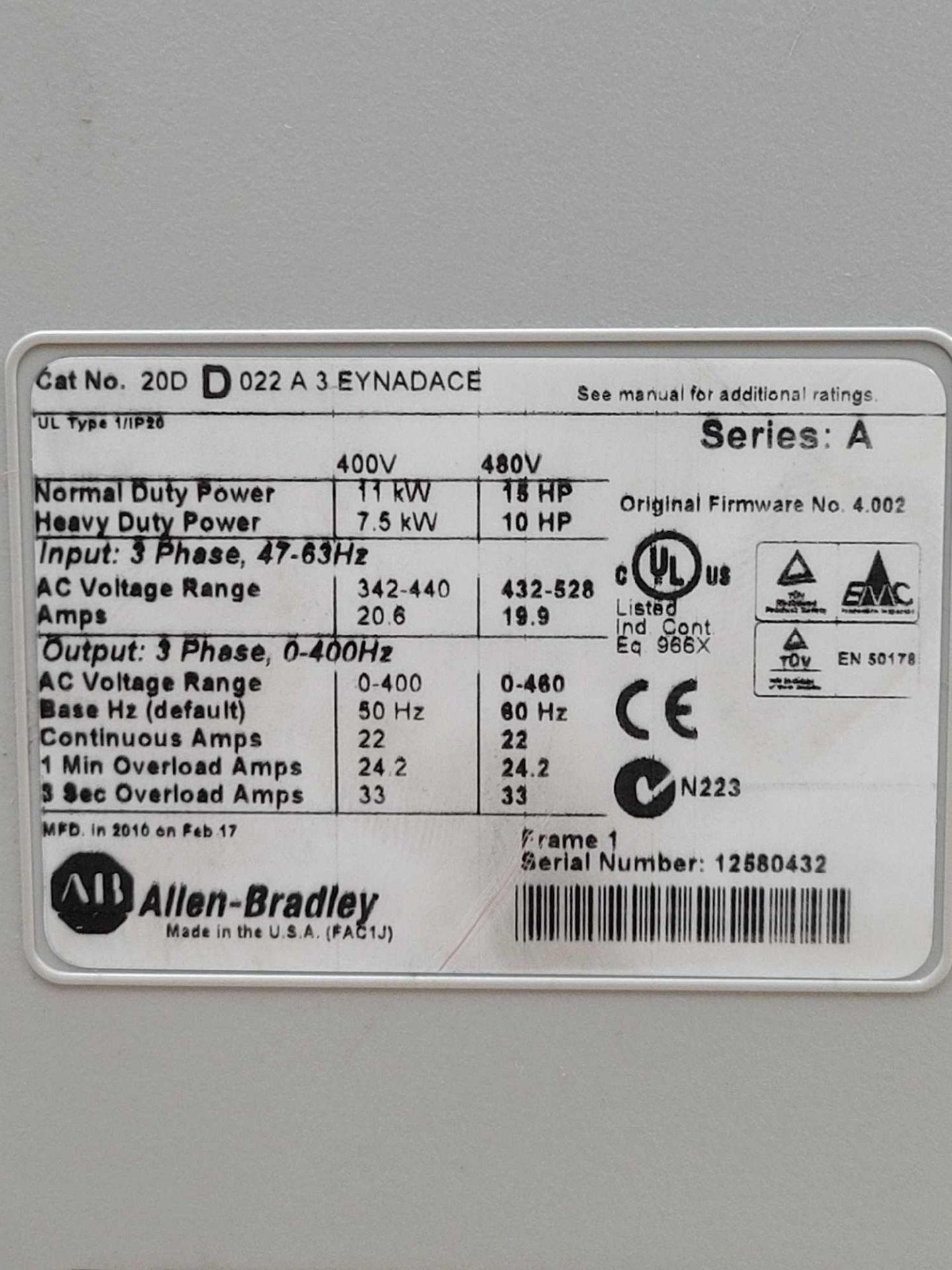 ALLEN BRADLEY 20DD022A3EYNADACE / Series A Powerflex 700S AC Drive  /  Lot Weight: 16.4 lbs - Image 10 of 10