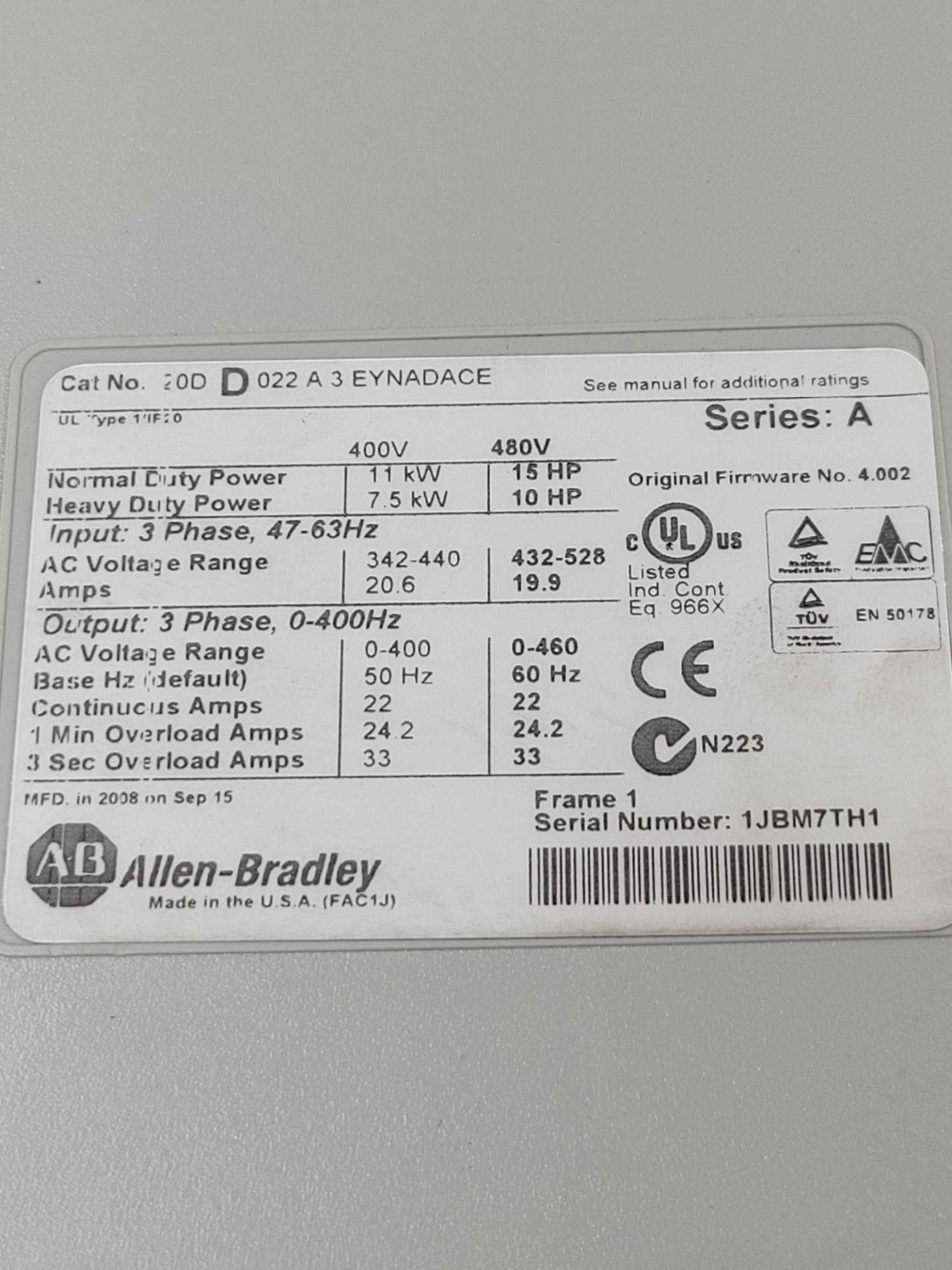 ALLEN BRADLEY 20DD022A3EYNADACE / Series A Powerflex 700S AC Drive  /  Lot Weight: 16.8 lbs - Image 7 of 8