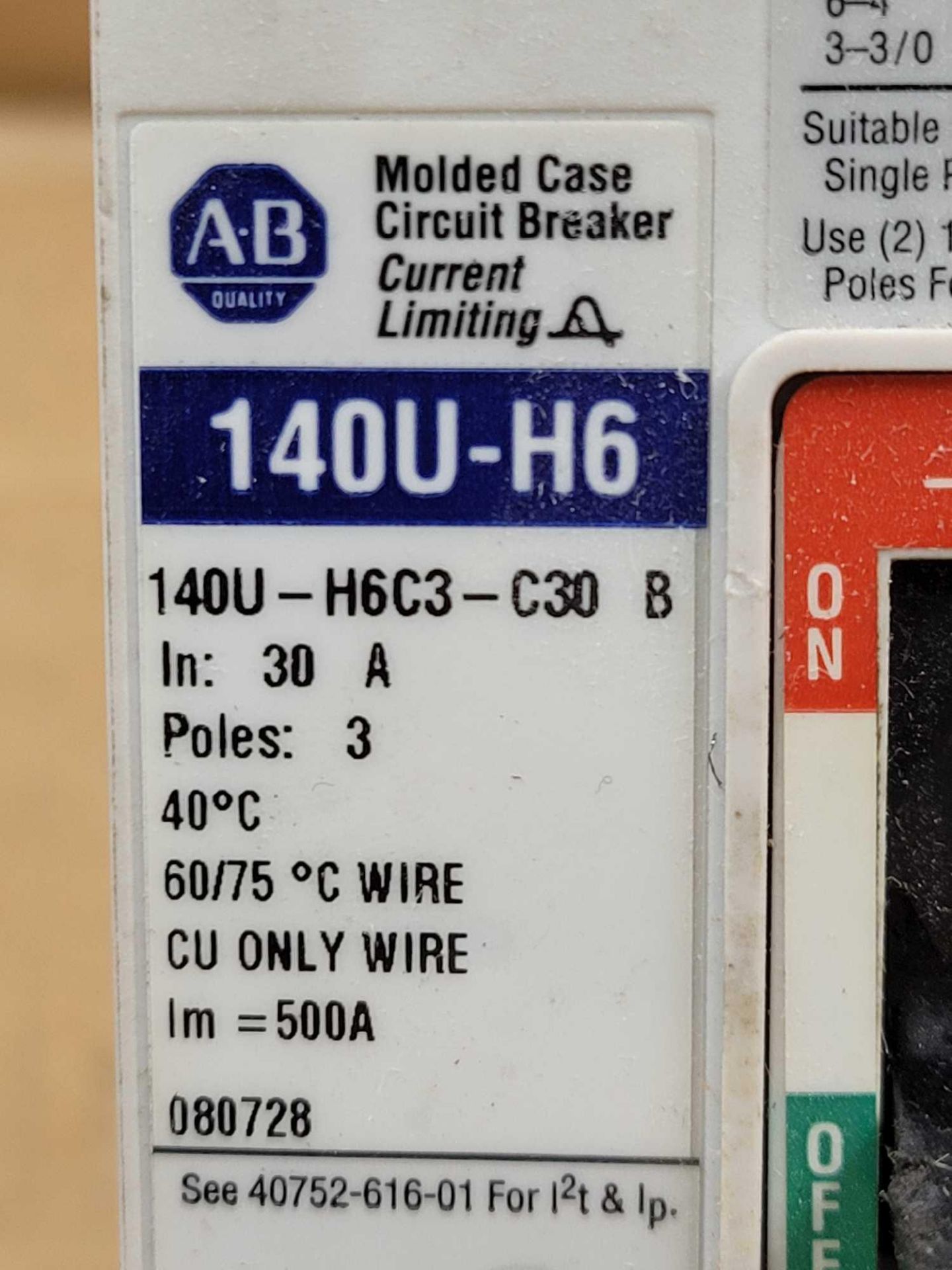 LOT OF 5 ALLEN BRADLEY 140U-H6C3-C30B / 30 Amp Molded Case Circuit Breaker / Lot Weight: 13.0 lbs - Image 3 of 8