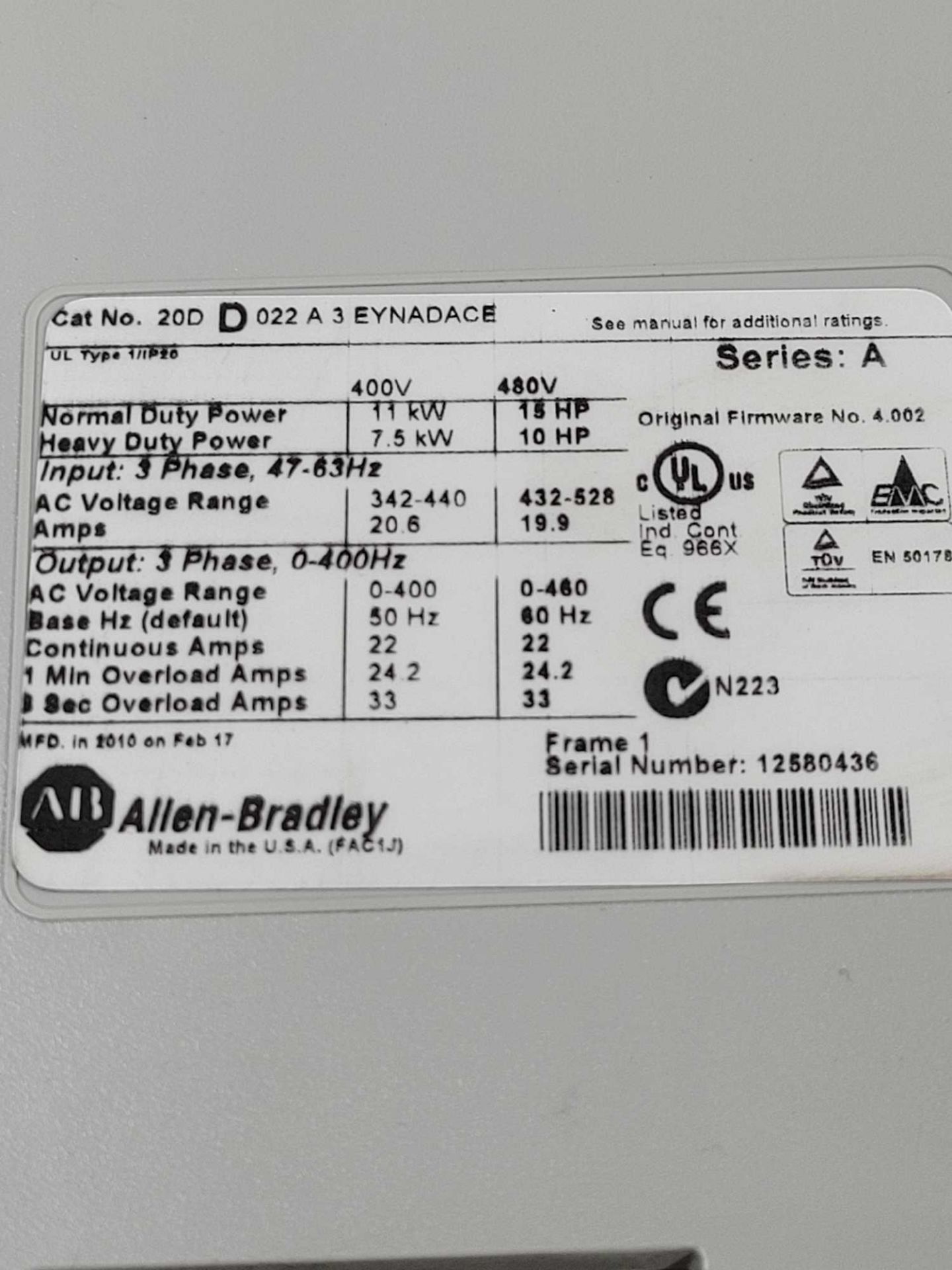 ALLEN BRADLEY 20DD022A3EYNADACE / Series A Powerflex 700S AC Drive  /  Lot Weight: 16.6 lbs - Image 6 of 7