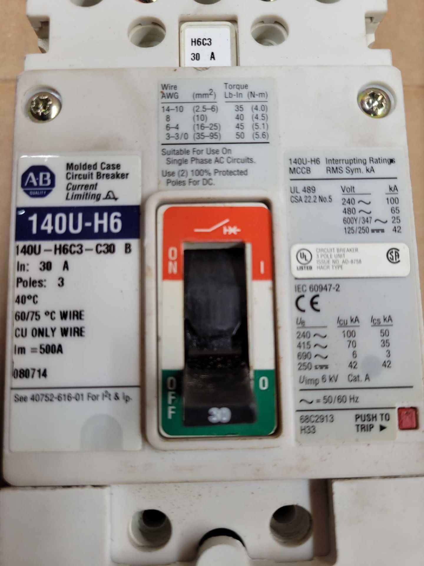 LOT OF 5 ALLEN BRADLEY 140U-H6C3-C30B / 30 Amp Molded Case Circuit Breaker  /  Lot Weight: 13.2 lbs - Image 2 of 7