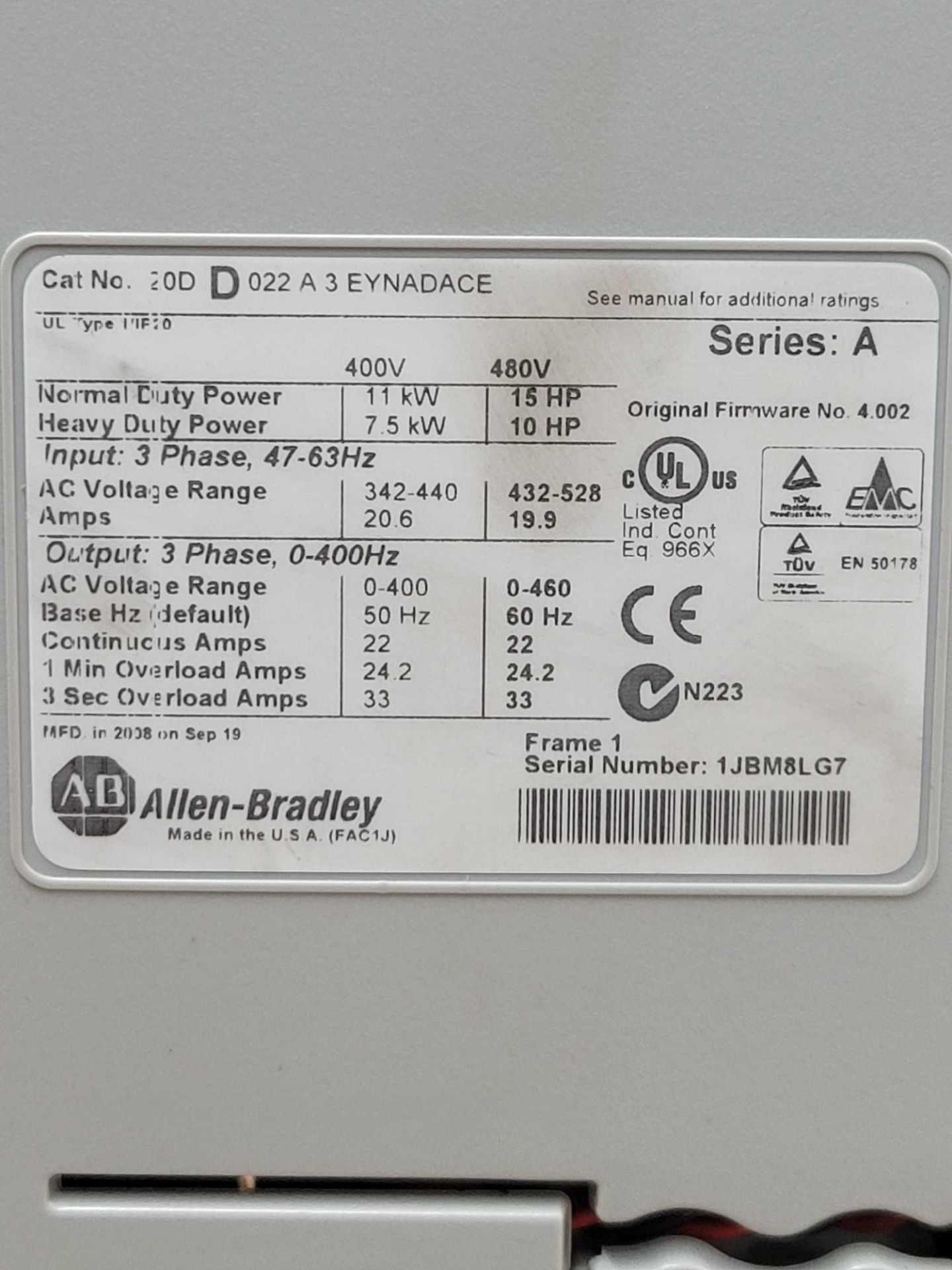 ALLEN BRADLEY 20DD022A3EYNADACE / Series A Powerflex 700S AC Drive  /  Lot Weight: 16.4 lbs - Image 7 of 7