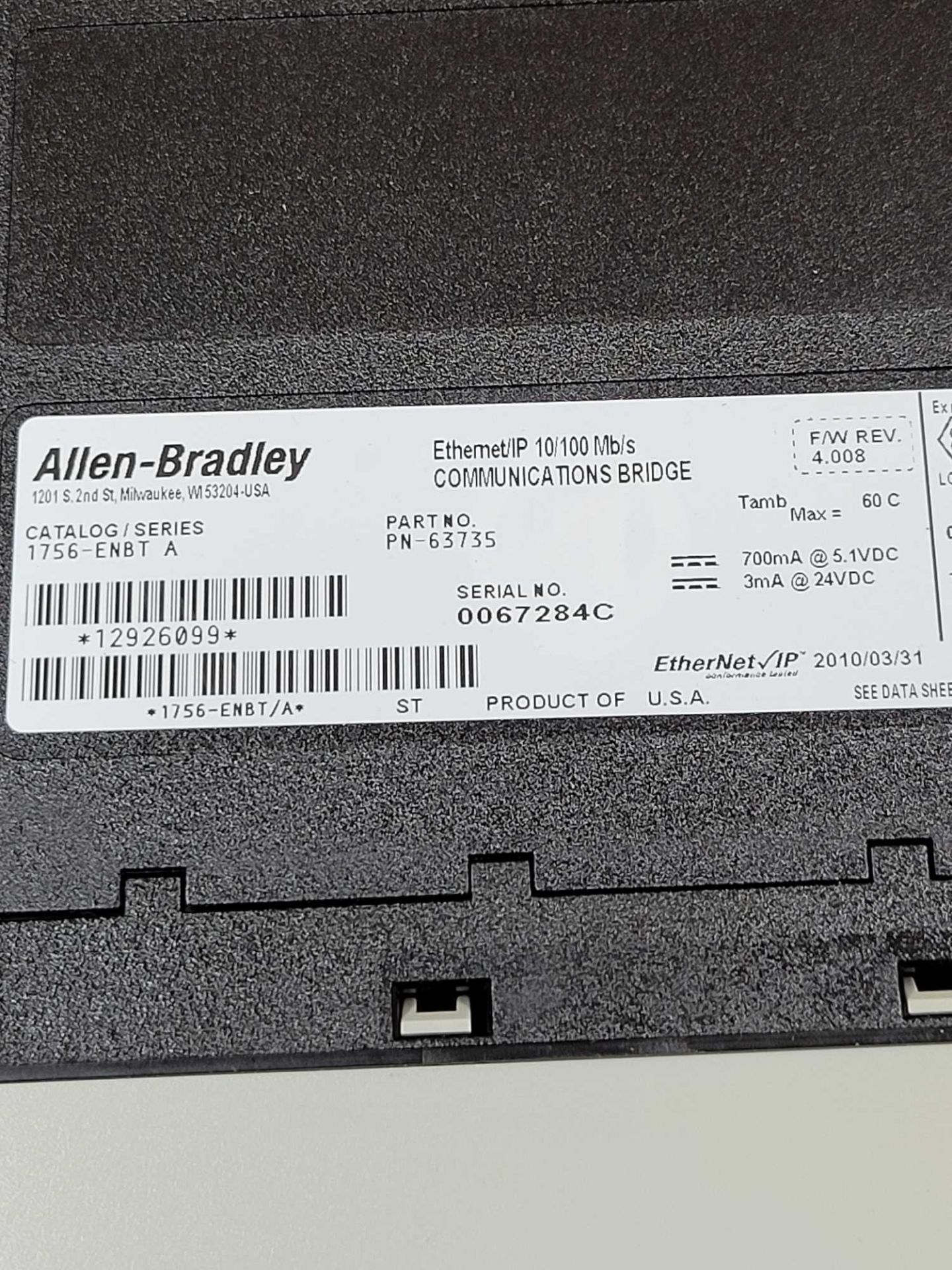 ALLEN BRADLEY 1756-ENBT / Series A Ethernet/IP 10/100 Mb/s Communications Bridge Module  /  Lot Weig - Image 7 of 8