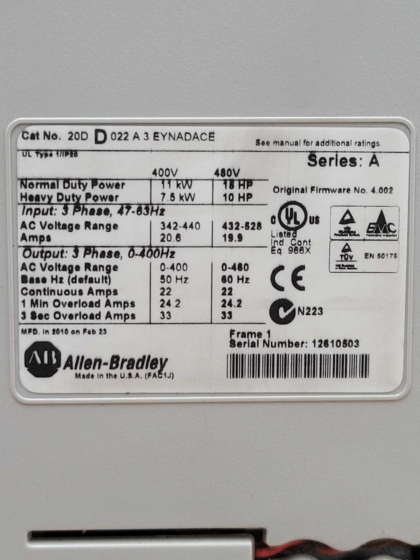 ALLEN BRADLEY 20DD022A3EYNADACE / Series A Powerflex 700S AC Drive  /  Lot Weight: 16.4 lbs - Image 5 of 5