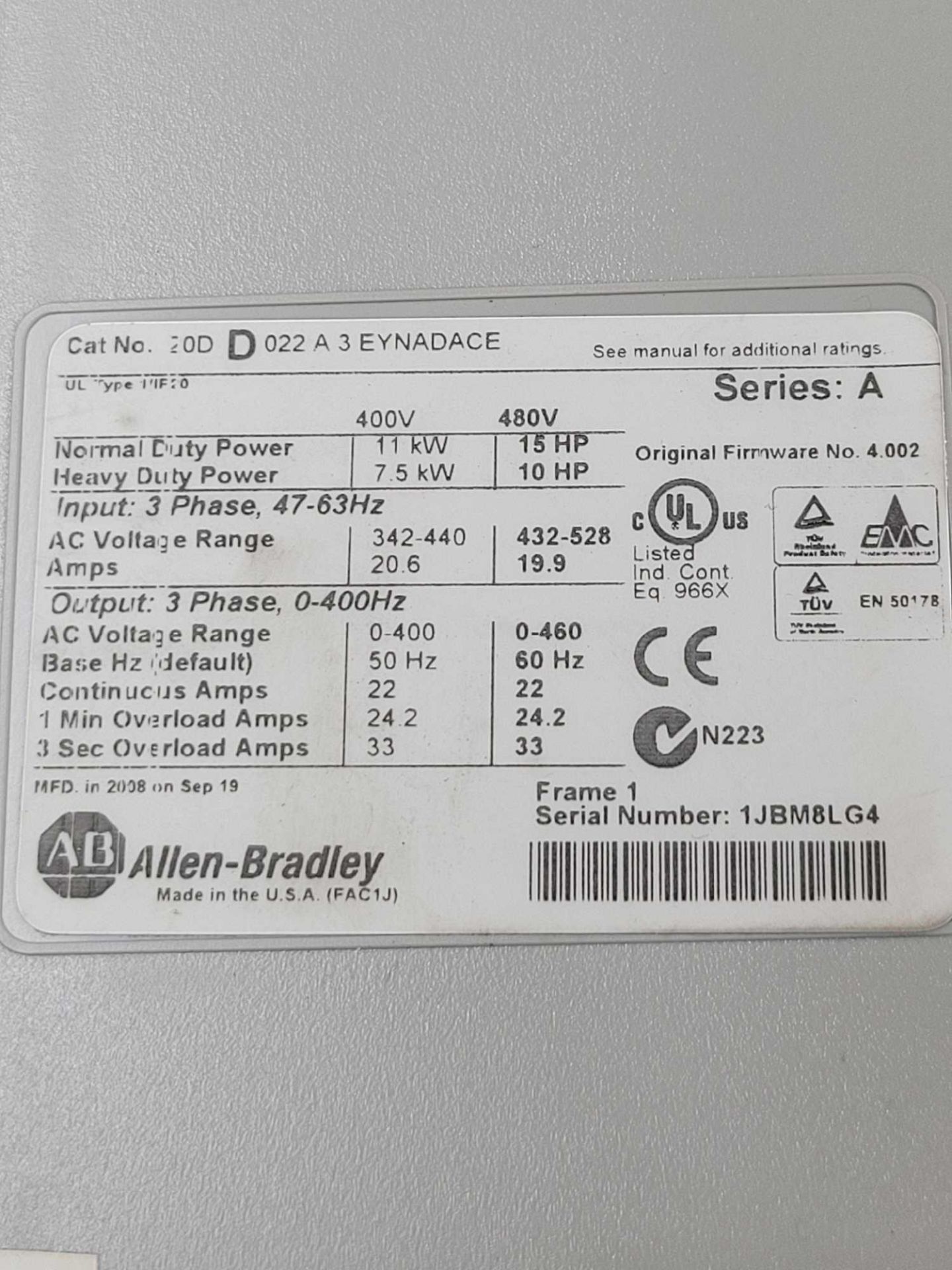 ALLEN BRADLEY 20DD022A3EYNADACE / Series A Powerflex 700S AC Drive  /  Lot Weight: 16.6 lbs - Image 5 of 6