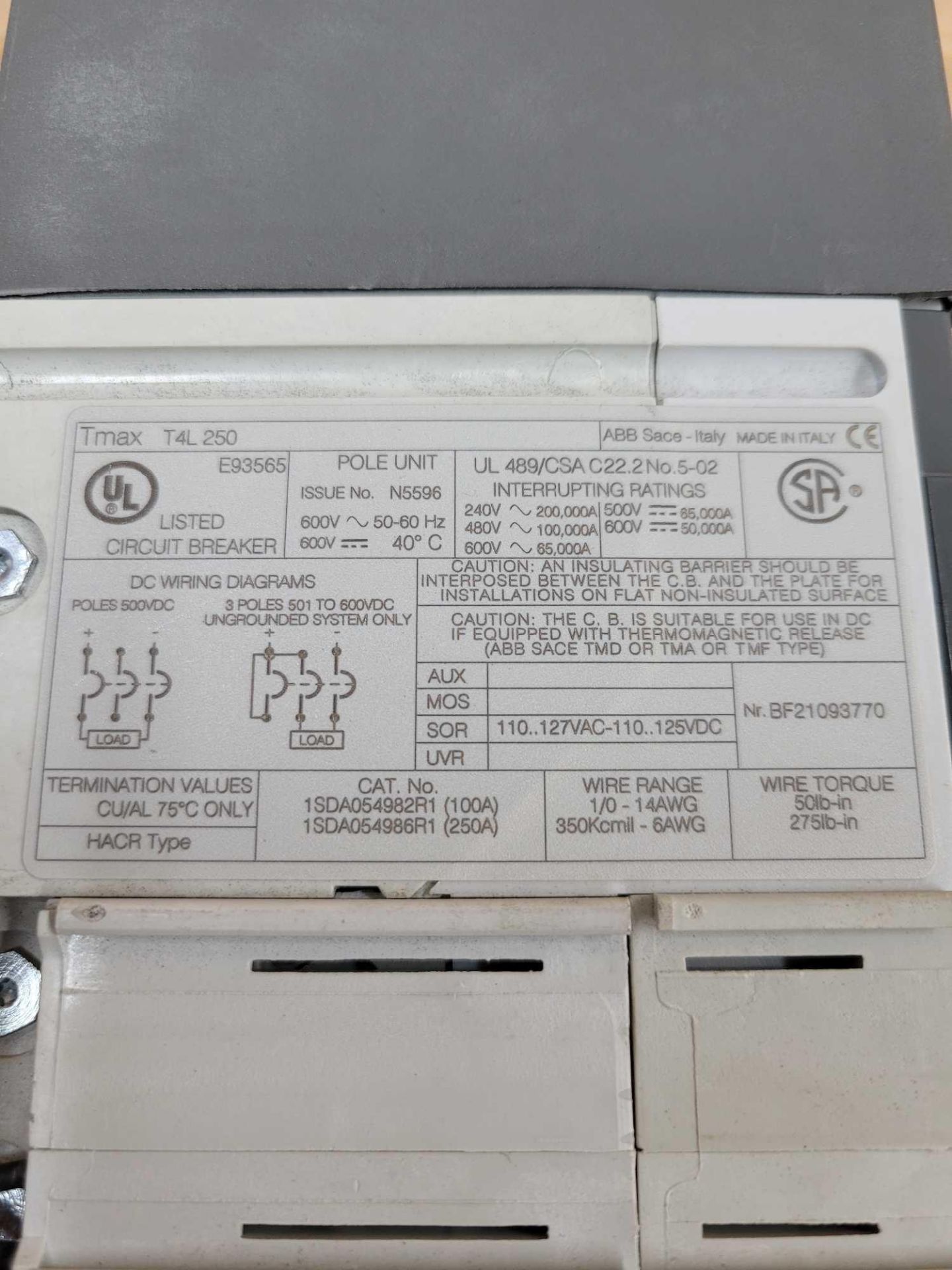 LOT OF 2 ABB T4L250 / Sace Tmax 250 Amp Circuit Breaker with Circuit Breaker Accessory and Handle At - Image 6 of 14