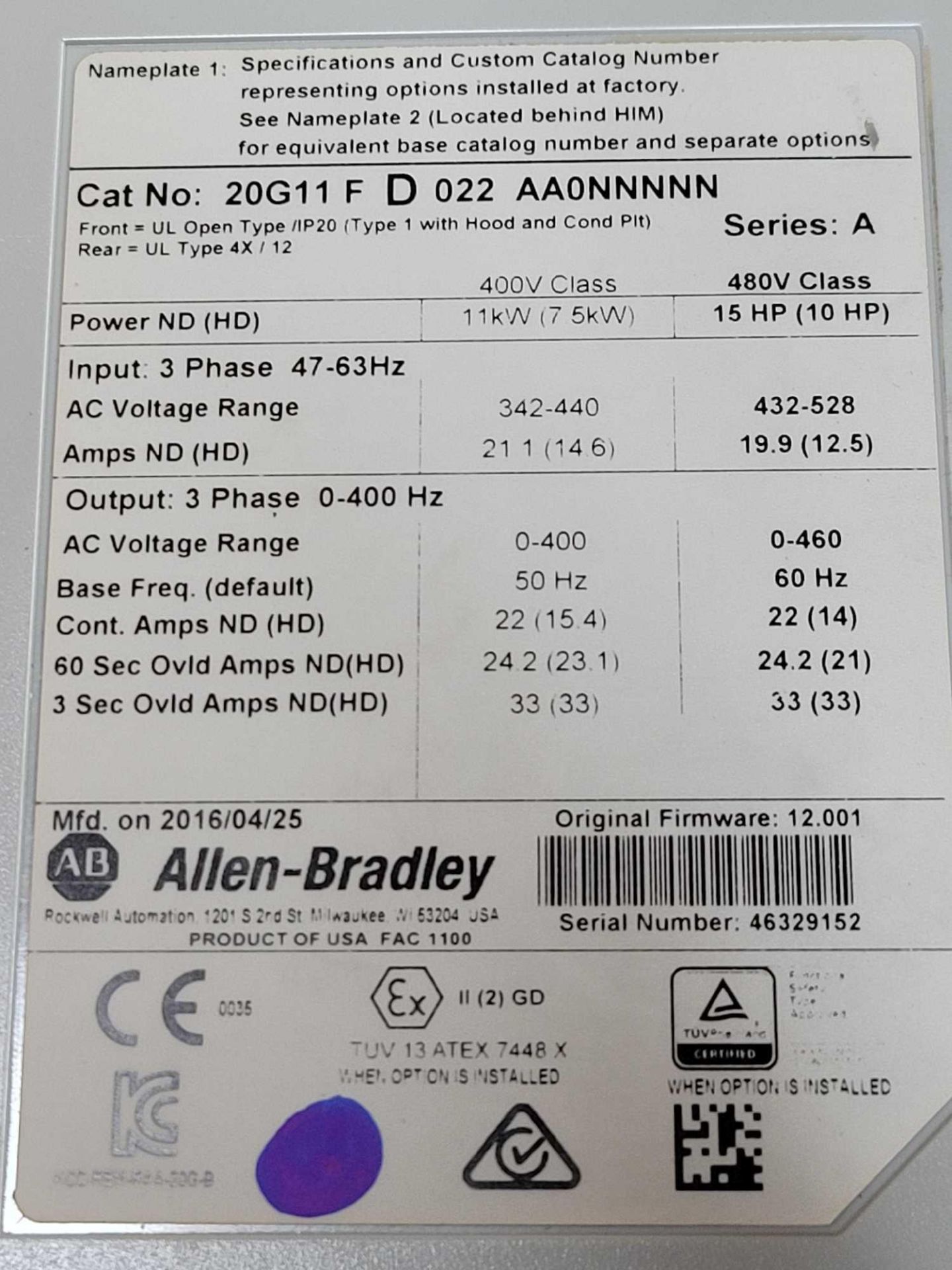 ALLEN BRADLEY 20G11FD022AA0NNNNN / Series A Powerflex 755 AC Drive  /  Lot Weight: 16.8 lbs - Image 6 of 7