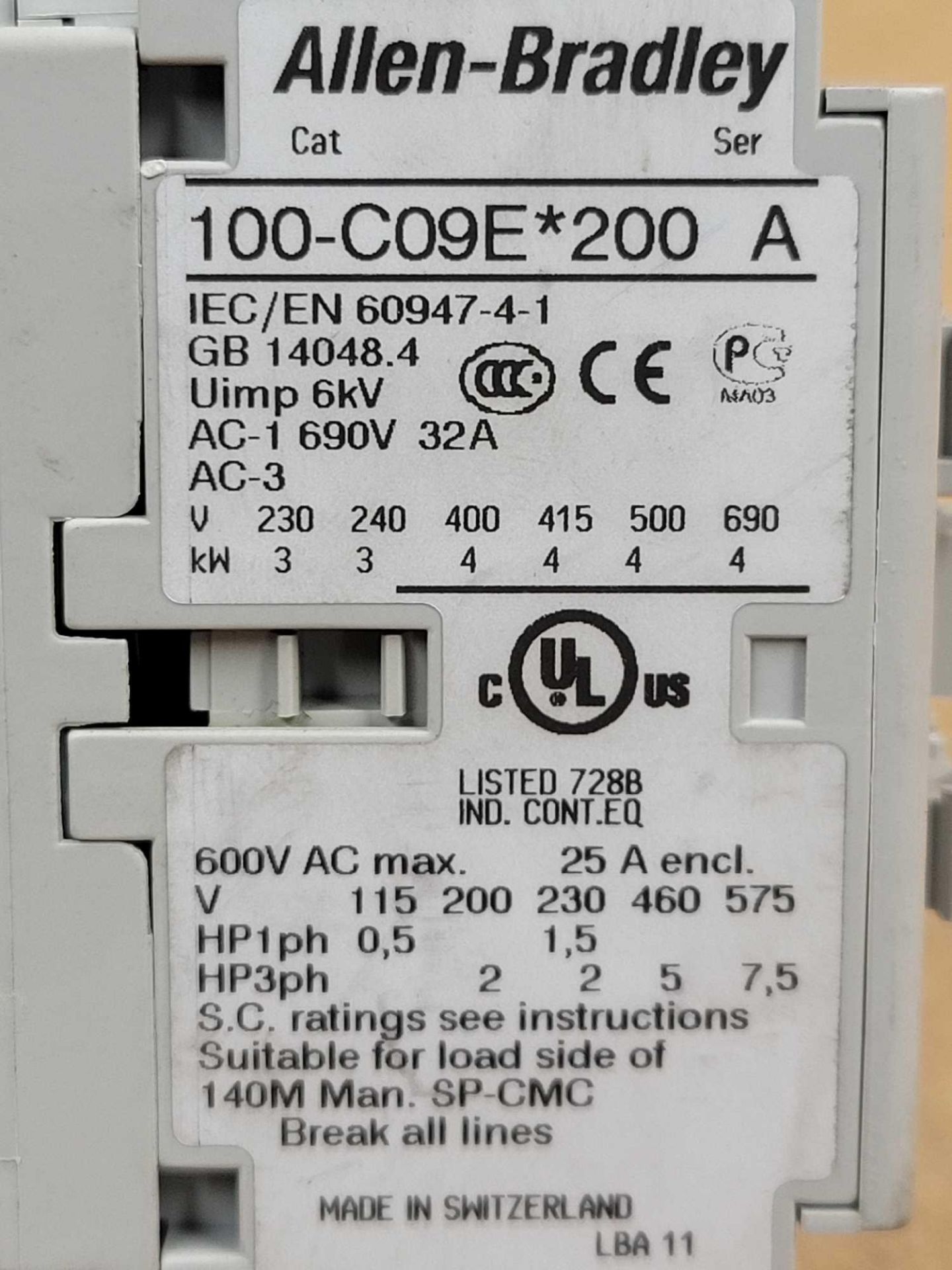 LOT OF 4 ALLEN BRADLEY 100-C09E*200 / Series A Contactor  /  Lot Weight: 3.8 lbs - Image 3 of 8