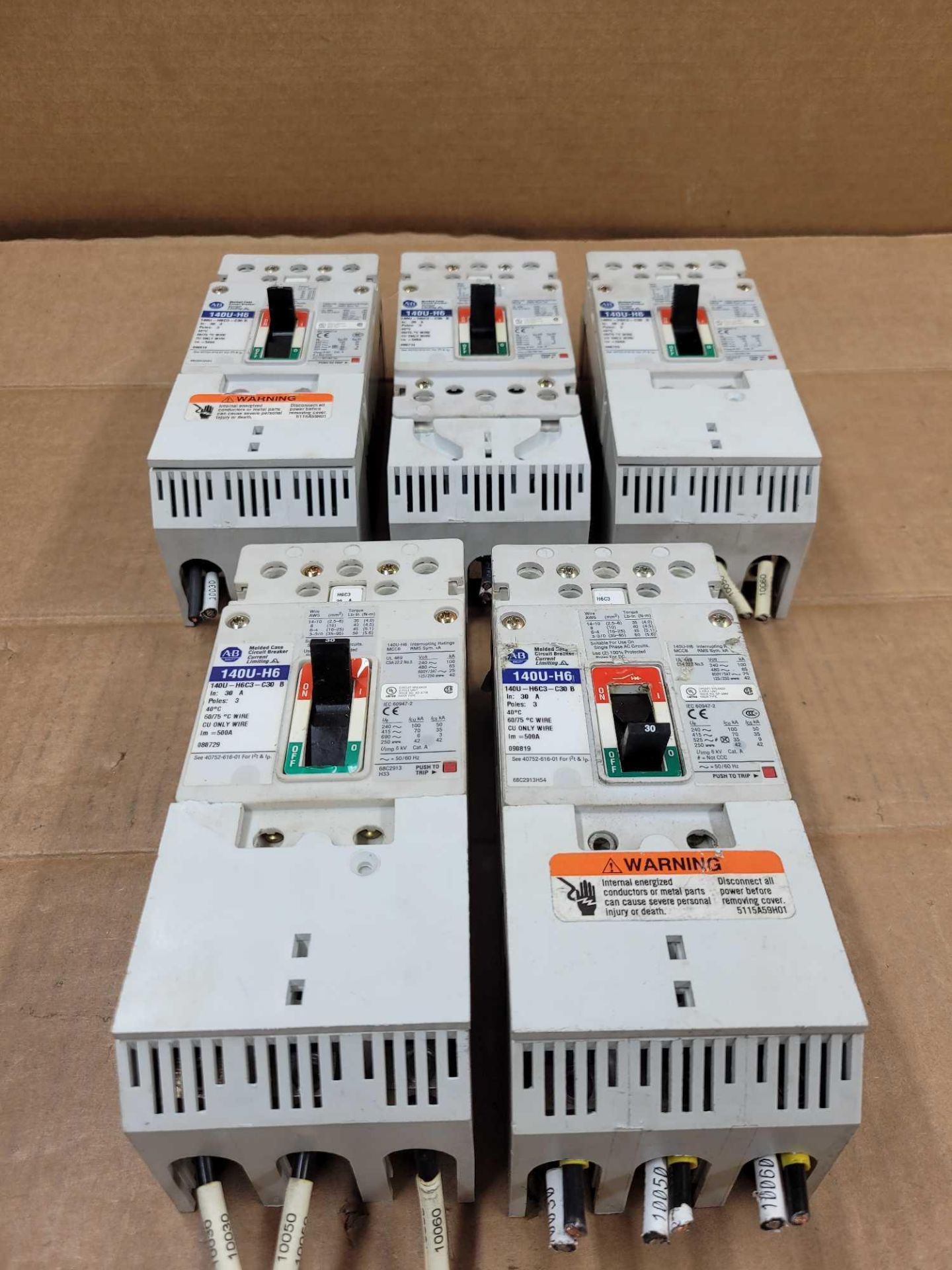 LOT OF 5 ALLEN BRADLEY 140U-H6C3-C30B / 30 Amp Molded Case Circuit Breaker  /  Lot Weight: 13.2 lbs