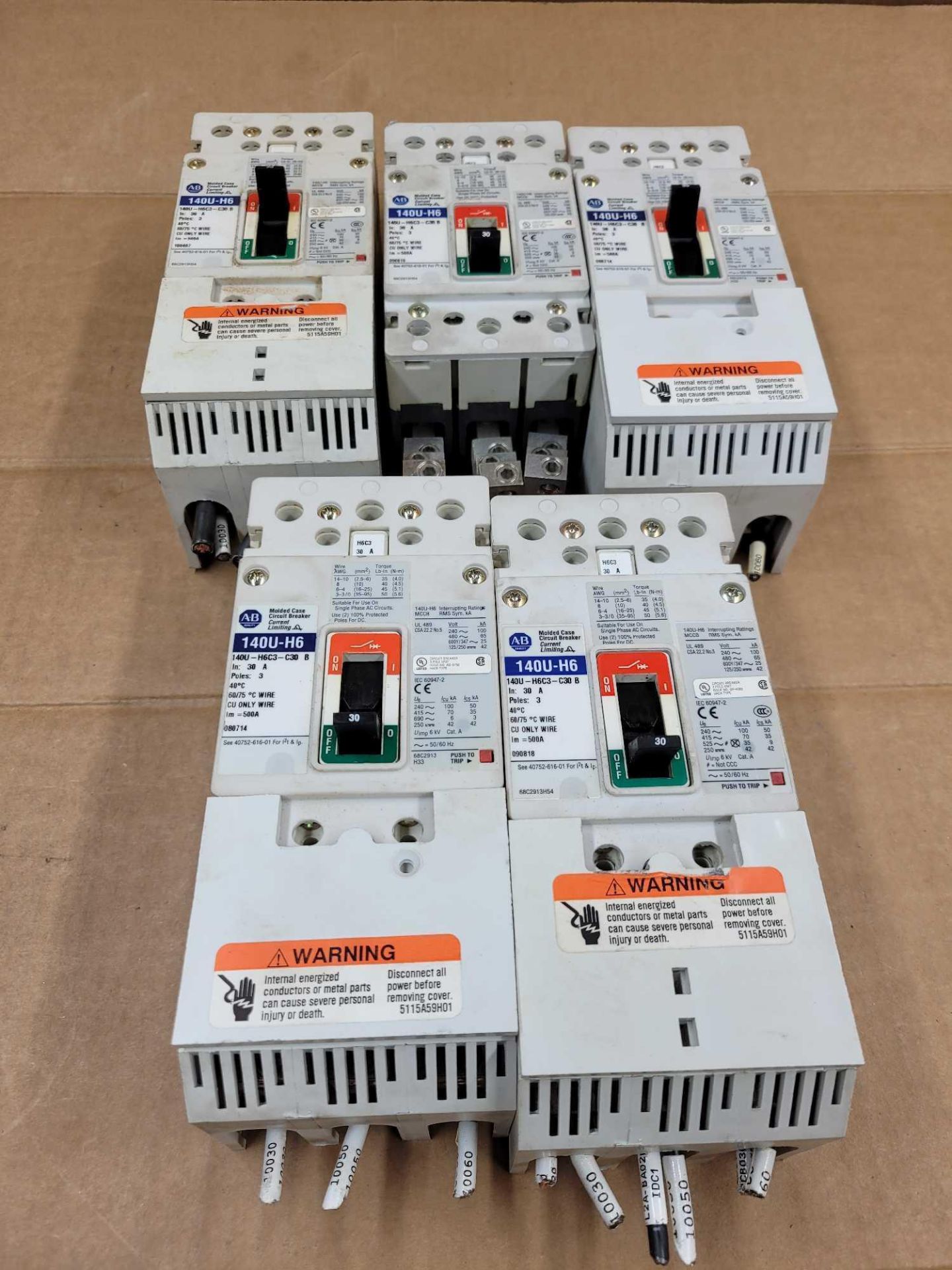 LOT OF 5 ALLEN BRADLEY 140U-H6C3-C30B / 30 Amp Molded Case Circuit Breaker  /  Lot Weight: 13.2 lbs