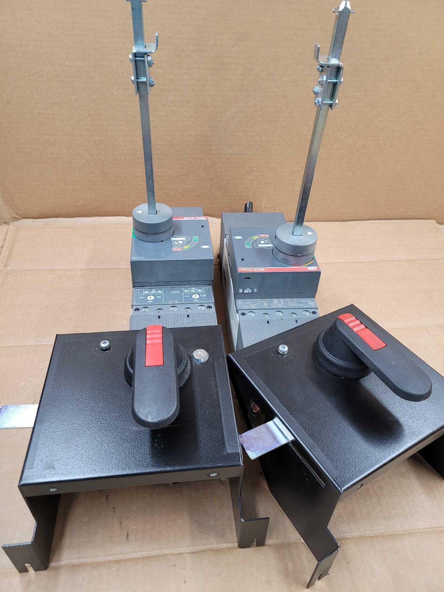 LOT OF 2 ABB T4L250 / Sace Tmax 250 Amp Circuit Breaker with Circuit Breaker Accessory and Handle At