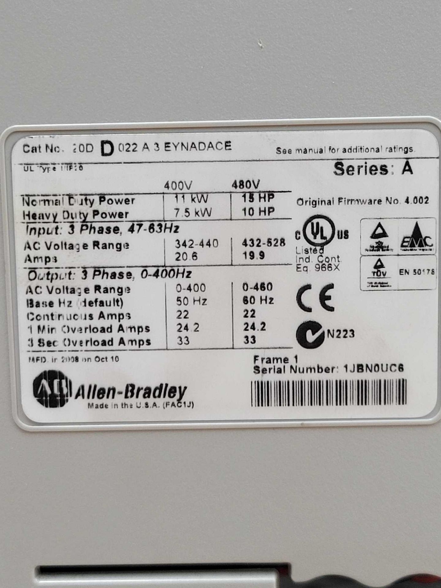 ALLEN BRADLEY 20DD022A3EYNADACE / Series A Powerflex 700S AC Drive  /  Lot Weight: 16.6 lbs - Image 7 of 8