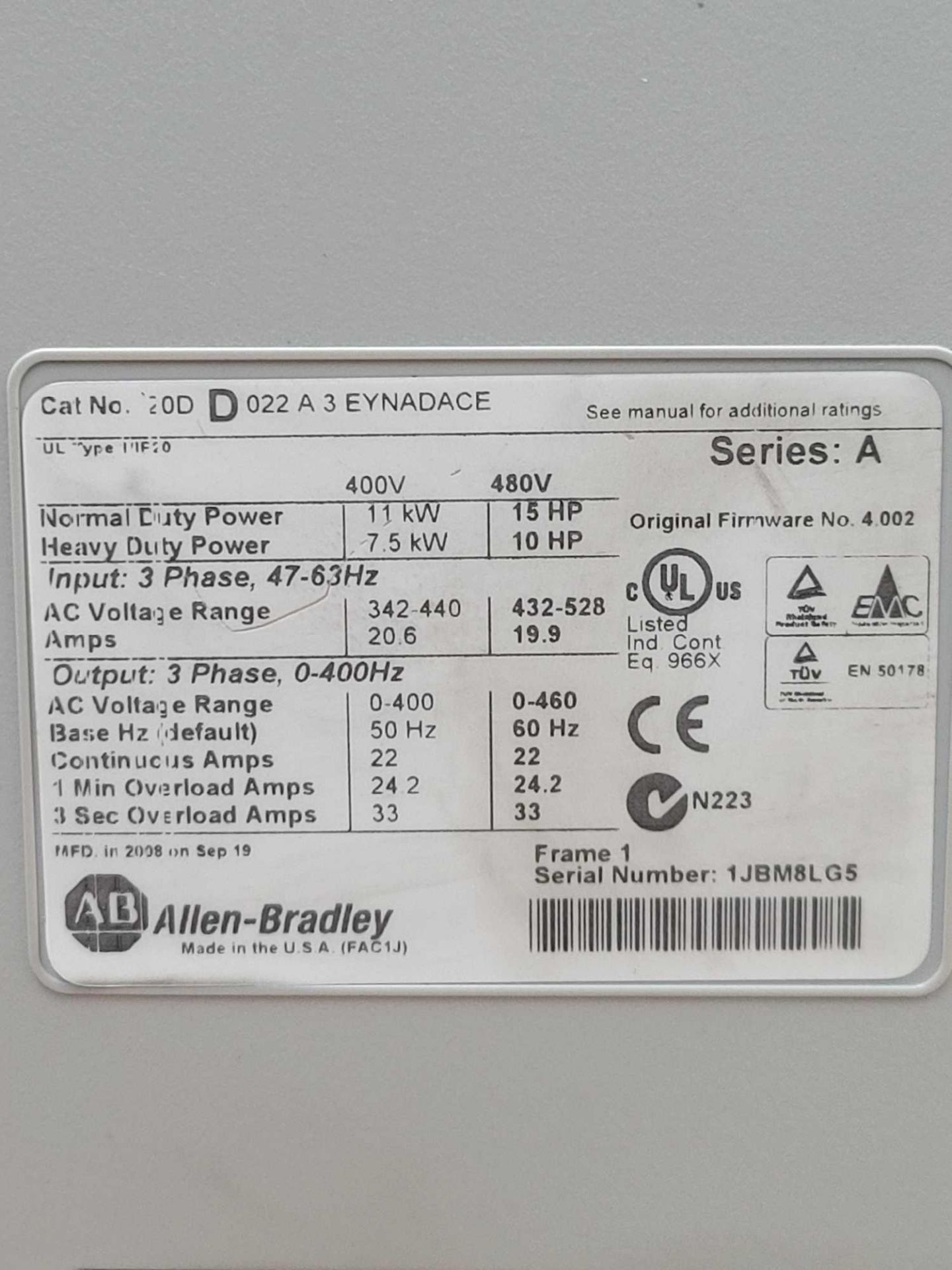 ALLEN BRADLEY 20DD022A3EYNADACE / Series A Powerflex 700S AC Drive  /  Lot Weight: 16.8 lbs - Image 7 of 7