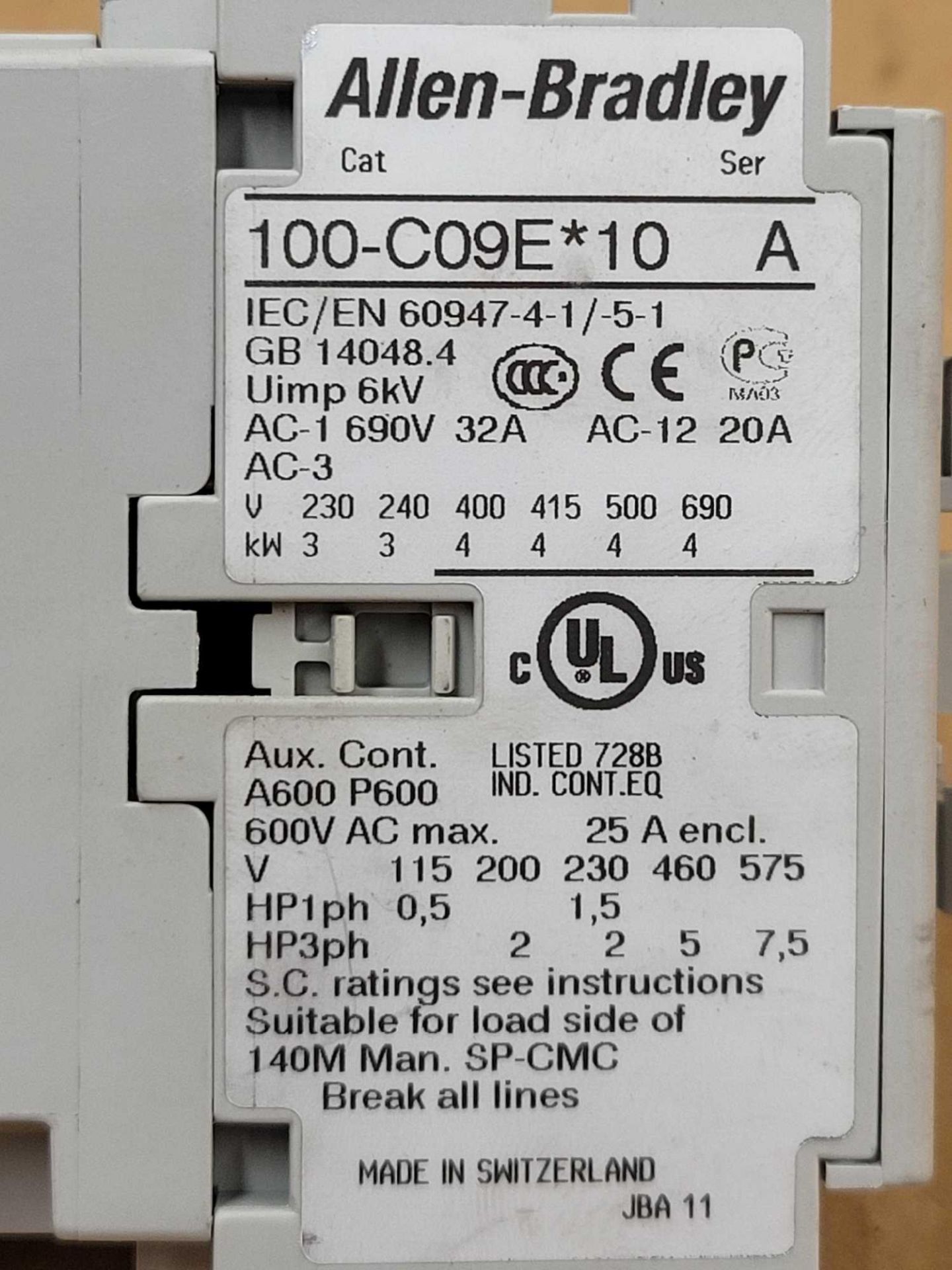 LOT OF 5 ALLEN BRADLEY 100-C09E*10 / Series A Contactor  /  Lot Weight: 4.2 lbs - Image 7 of 8