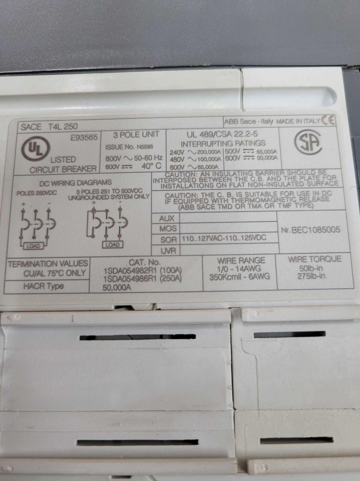 LOT OF 2 ABB T4L250 / Sace Tmax 250 Amp Circuit Breaker with Circuit Breaker Accesory and Handle Att - Image 4 of 11