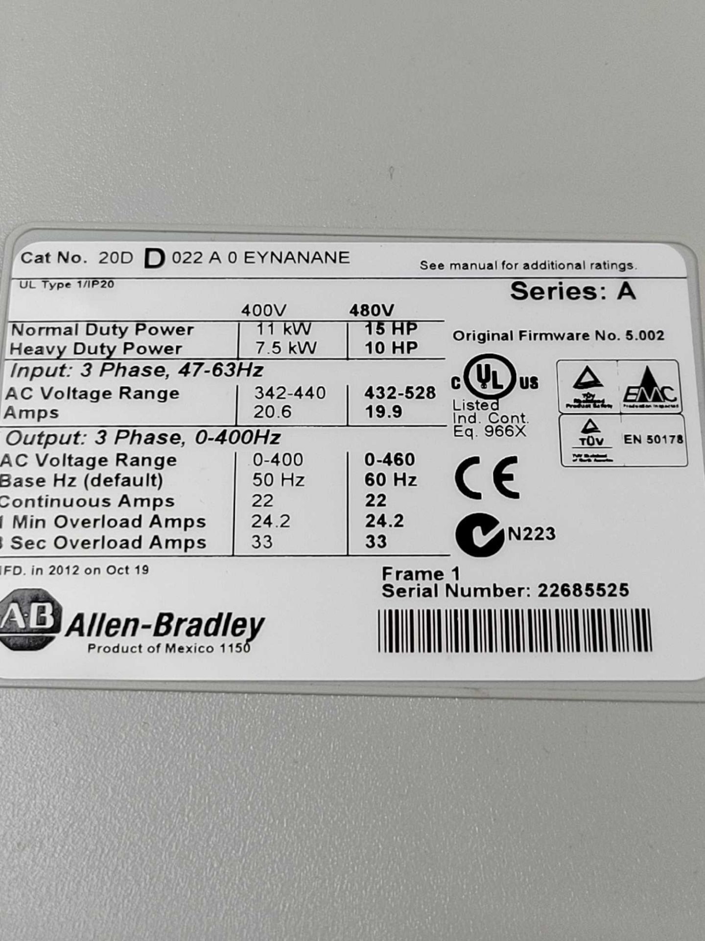 ALLEN BRADLEY 20DD022A0EYNANANE / Series A Powerflex 700S AC Drive  /  Lot Weight: 17.2 lbs - Image 5 of 5