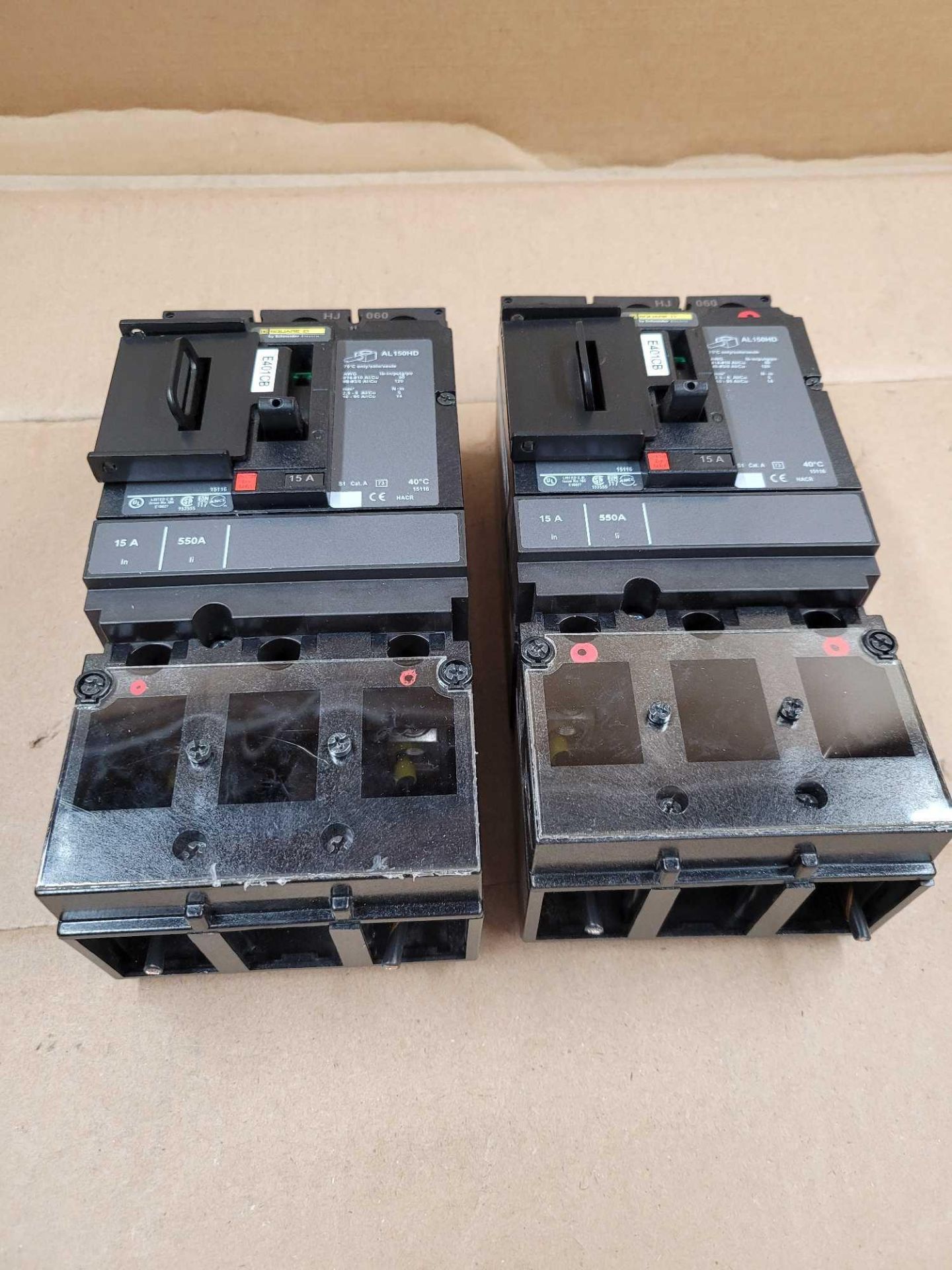 LOT OF 2 SQUARE D HJL26015 / 15 Amp Molded Case Circuit Breaker  /  Lot Weight: 7.8 lbs