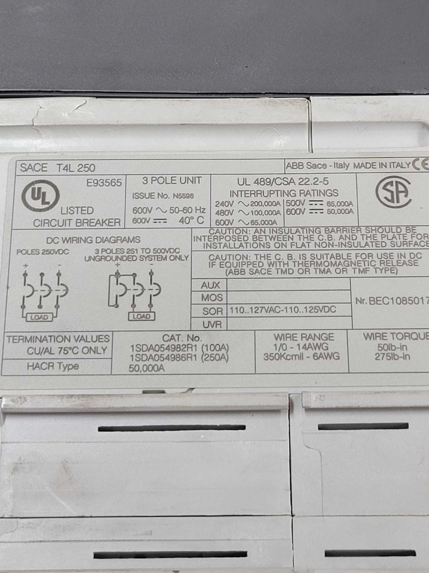 LOT OF 2 ABB T4L250 / Sace Tmax 250 Amp Circuit Breaker with Circuit Breaker Accesory and Handle Att - Image 2 of 11