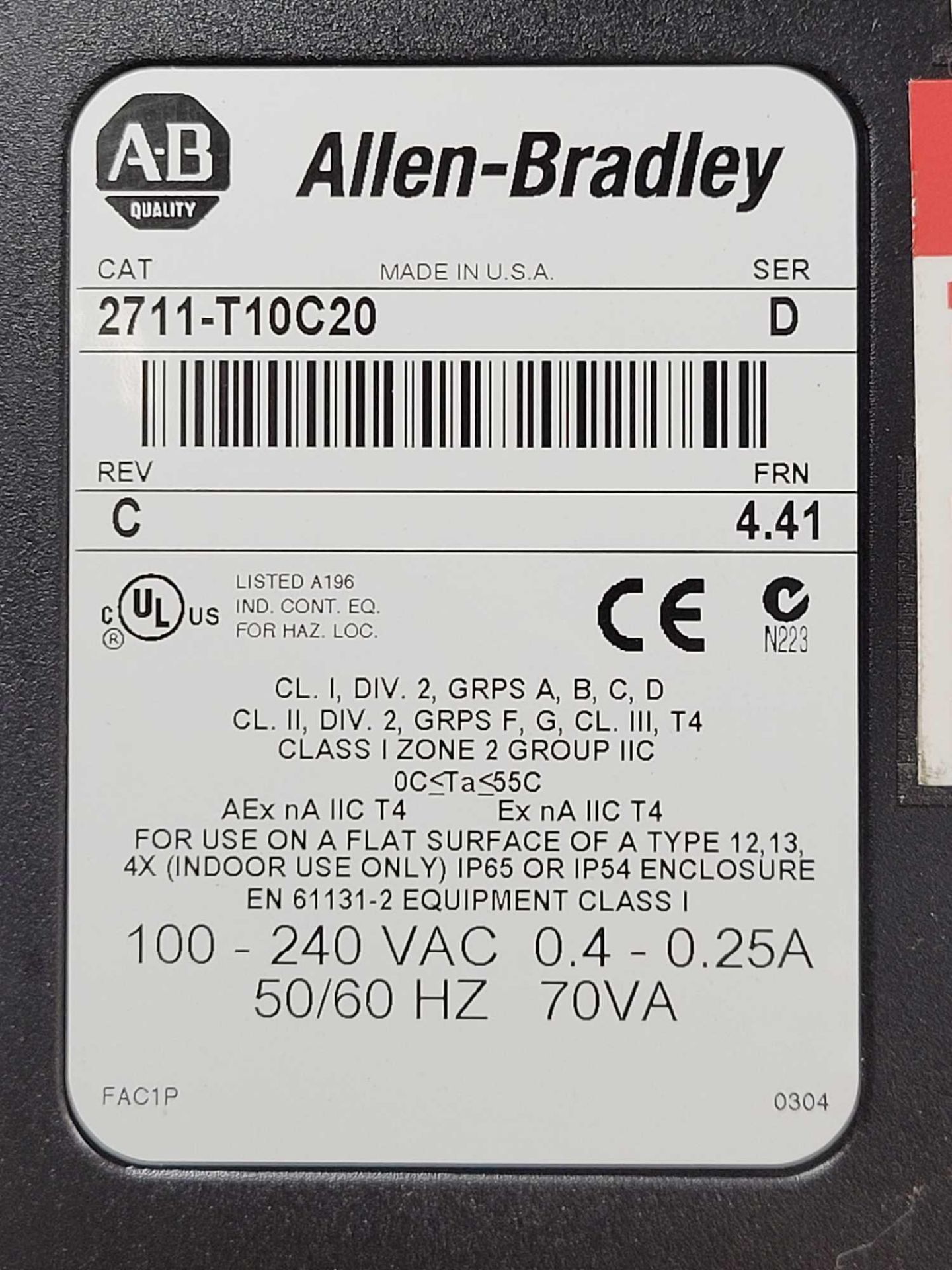 ALLEN BRADLEY 2711-T10C20 / Series D PanelView 1000 Touch Screen Operator Interface  /  Lot Weight: - Image 3 of 4