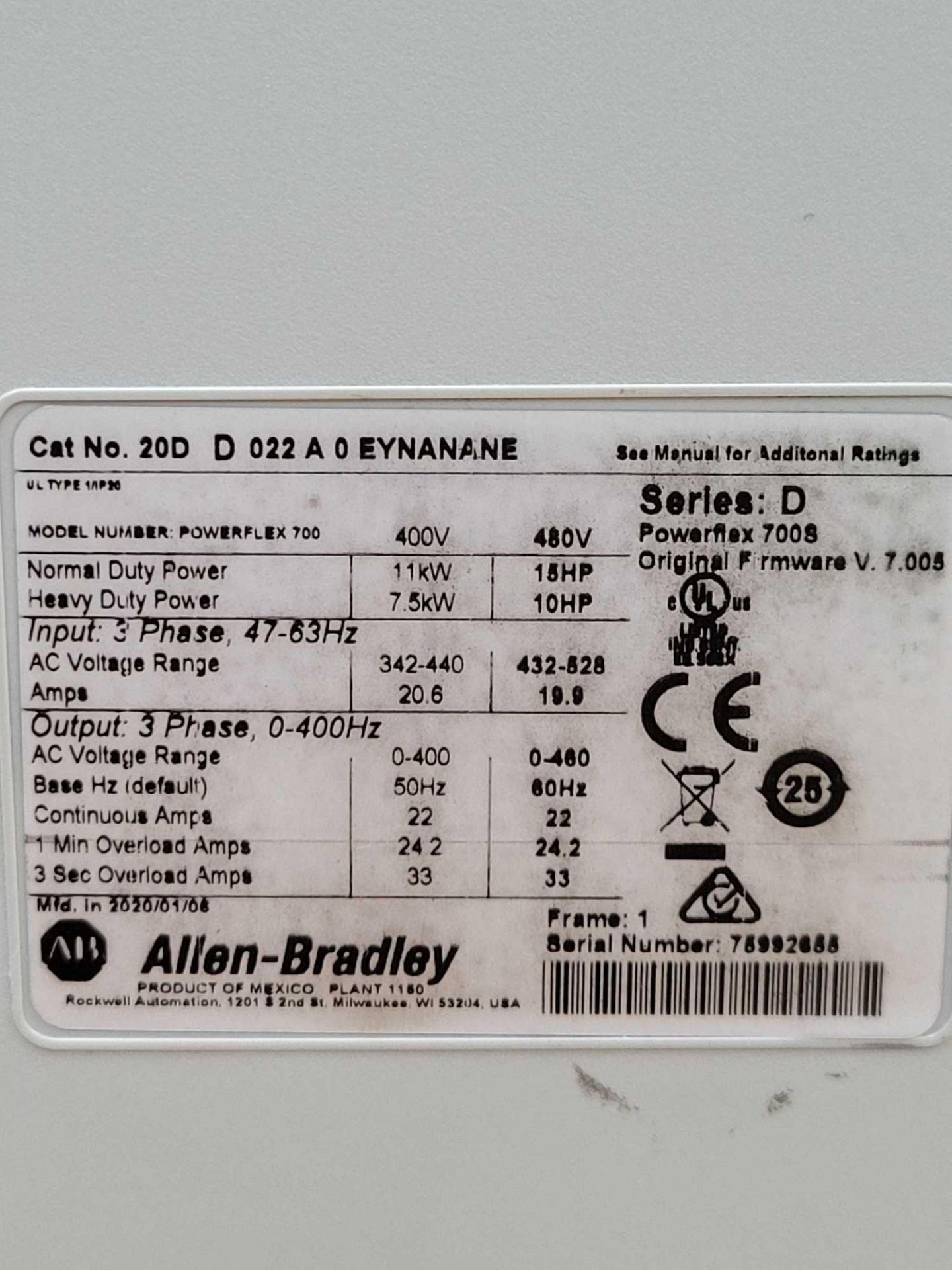 ALLEN BRADLEY 20DD022A0EYNANANE / Series D Powerflex 700S AC Drive  /  Lot Weight: 16.6 lbs - Image 5 of 7