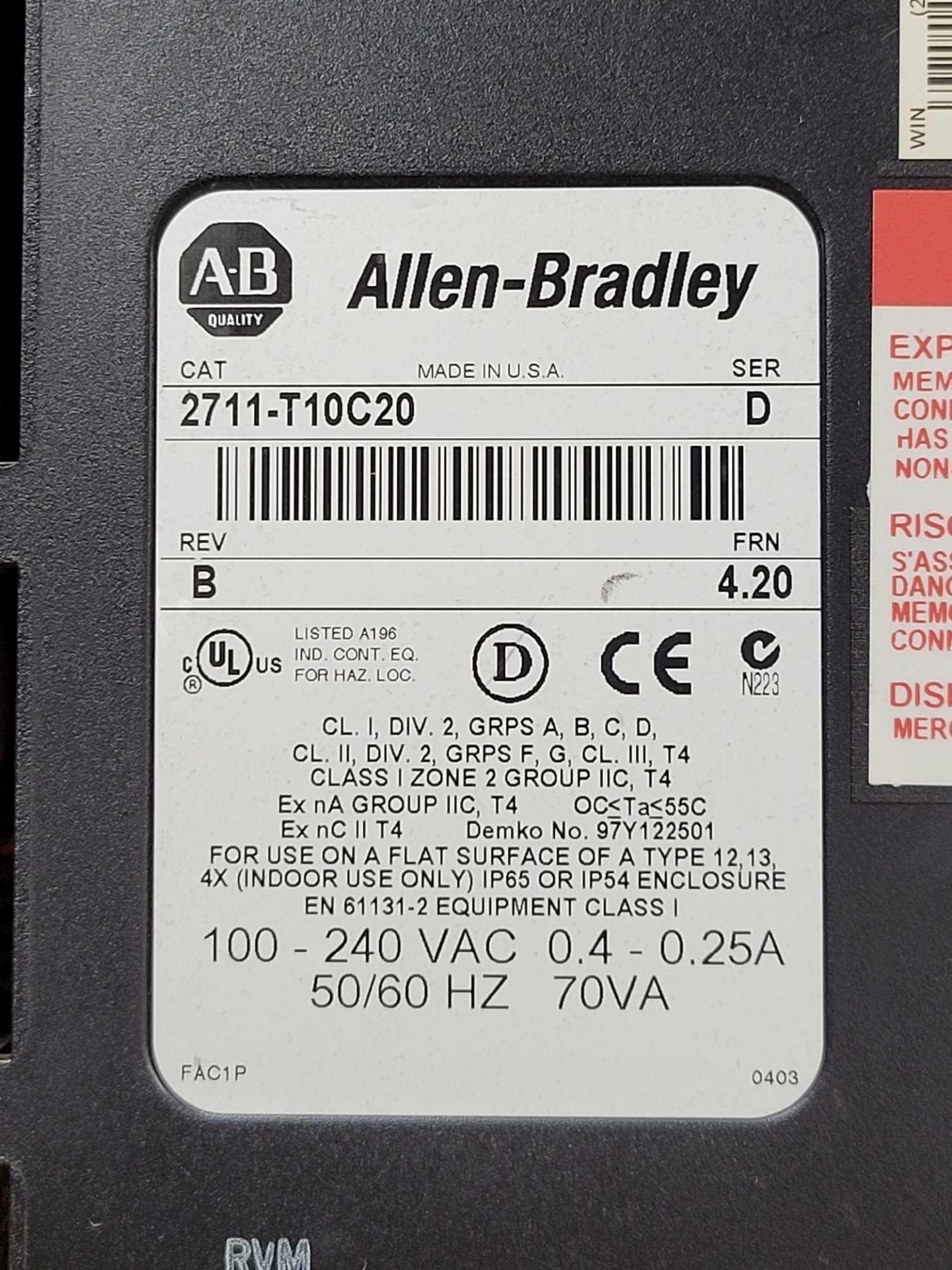 ALLEN BRADLEY 2711-T10C20 / Series D PanelView 1000 Operator Interface  /  Lot Weight: 6.6 lbs - Image 3 of 5