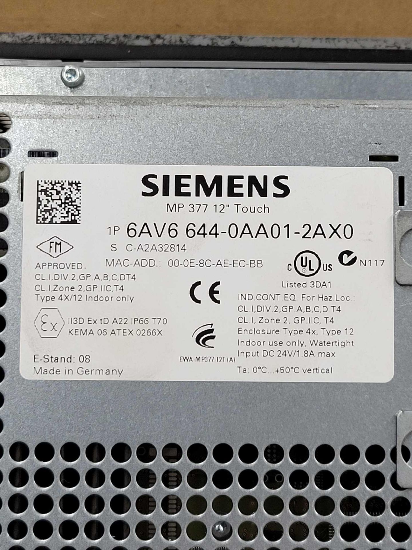 SIEMENS 6AV6644-0AA01-2AX0 / MP 377 12" Touch Screen Operator Interface  /  Lot Weight: 8.2 lbs - Image 3 of 5