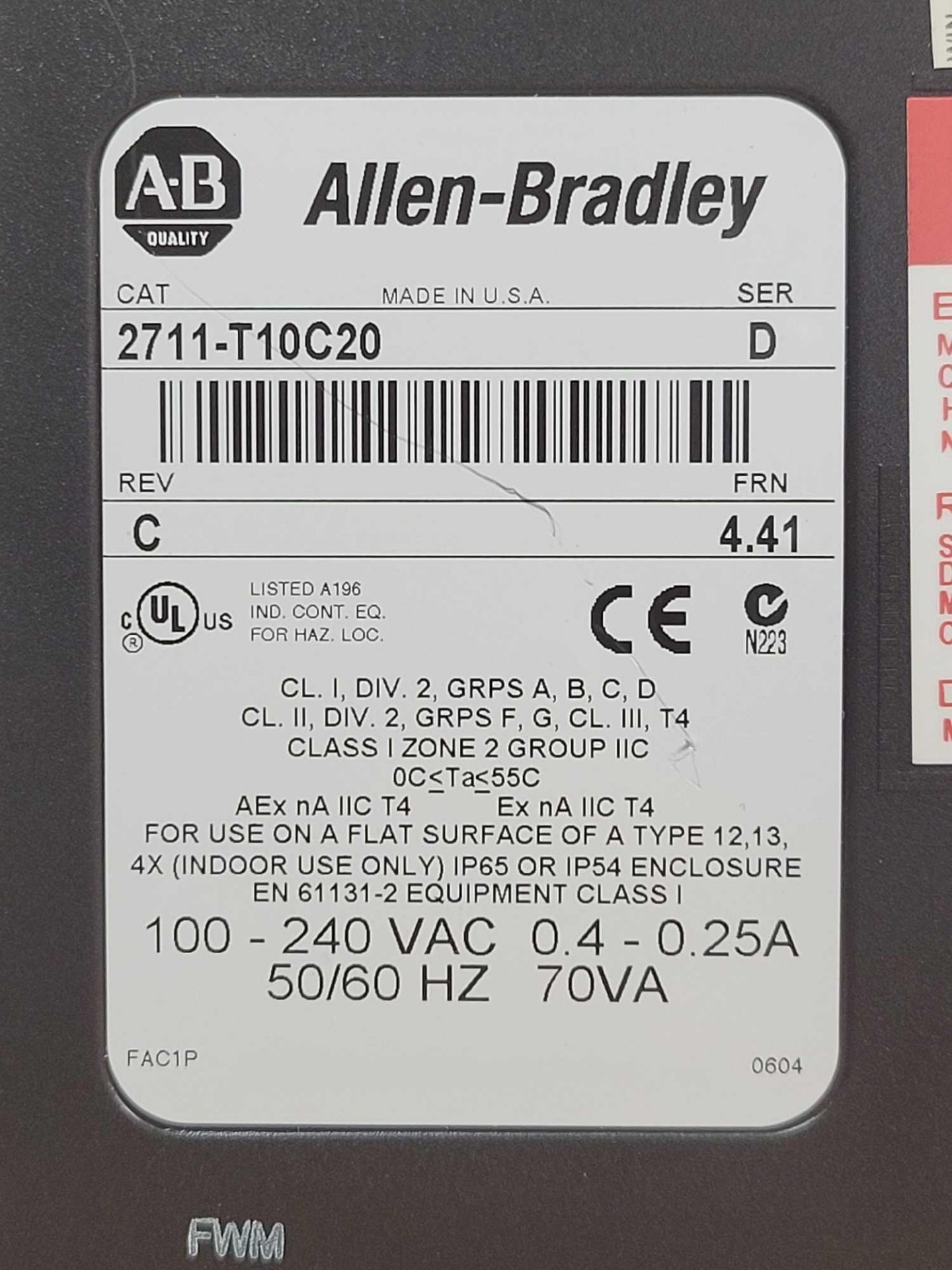 ALLEN BRADLEY 2711-T10C20 / Series D PanelView 1000 Touch Screen Operator Interface  /  Lot Weight: - Image 3 of 4