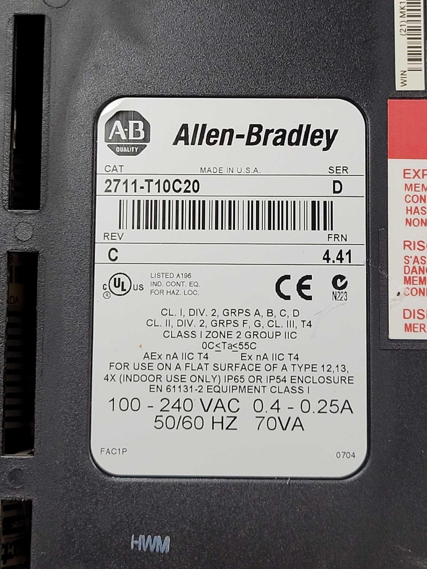 ALLEN BRADLEY 2711-T10C20 / Series D PanelView 1000 Touchscreen Operator Interface  /  Lot Weight: 6 - Image 3 of 5