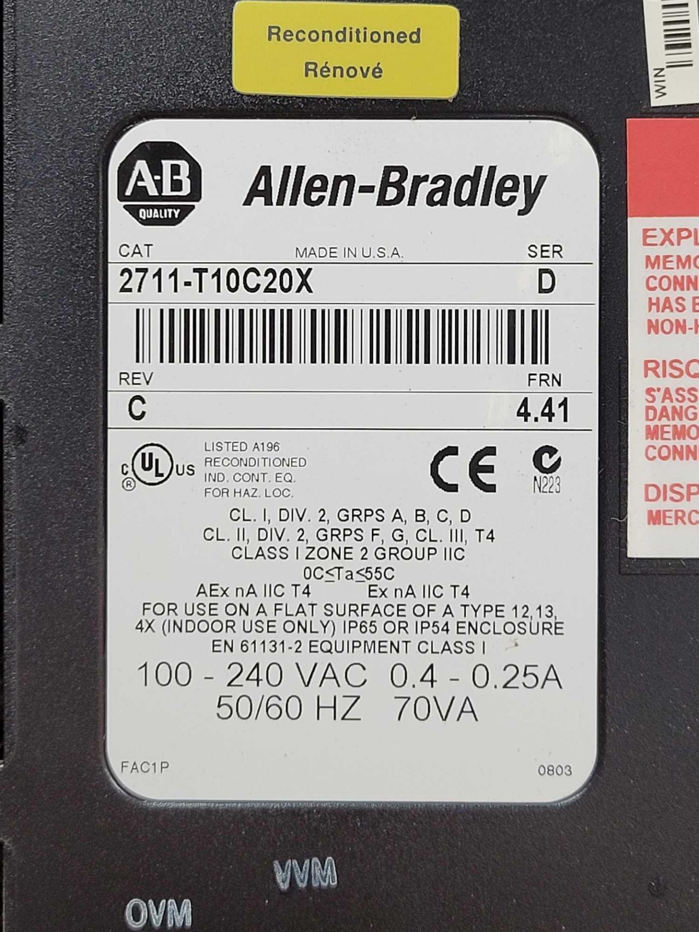 ALLEN BRADLEY 2711-T10C20X / Series D PanelView 1000 Touchscreen Operator Interface  /  Lot Weight: - Image 3 of 5