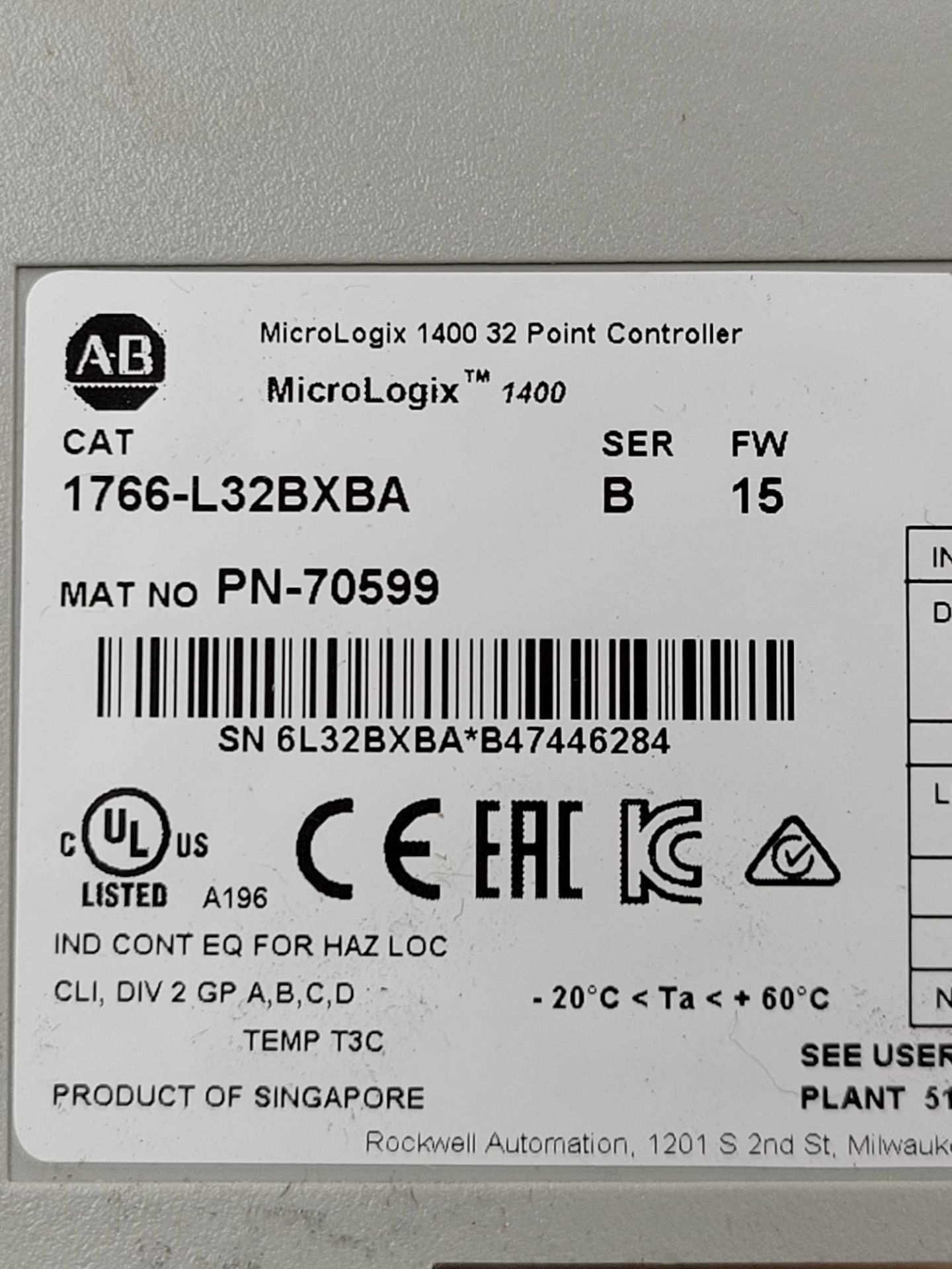 ALLEN BRADLEY 1766-L32BXBA / Series B MicroLogix 1400 32 Point Controller  /  Lot Weight: 2.0 lbs - Image 6 of 7