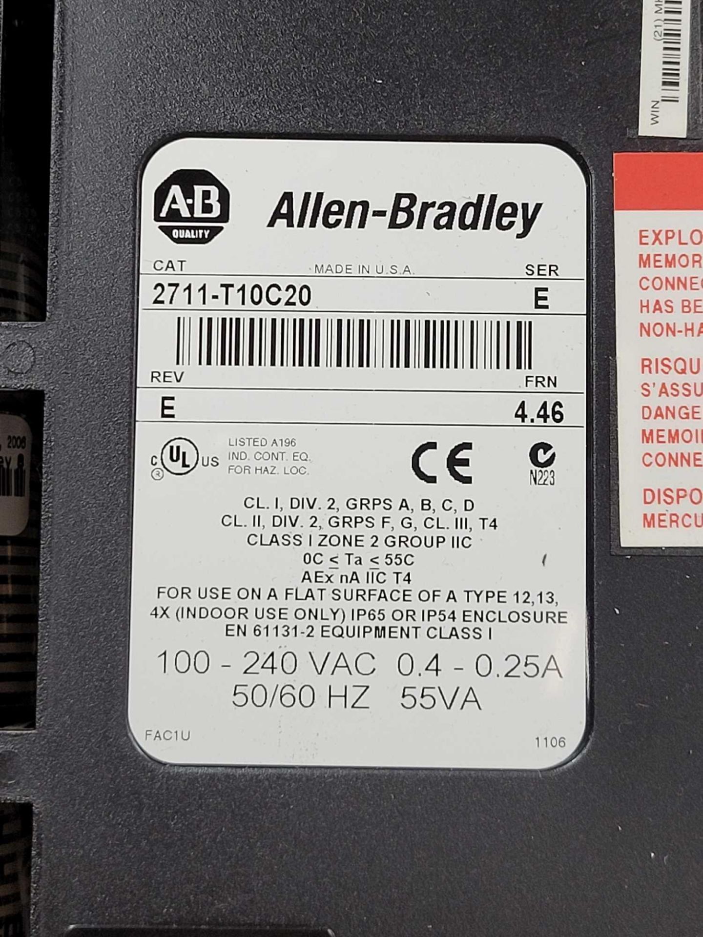 ALLEN BRADLEY 2711-T10C20 / Series E PanelView 1000 Touchscreen Operator Interface  /  Lot Weight: 6 - Image 3 of 5