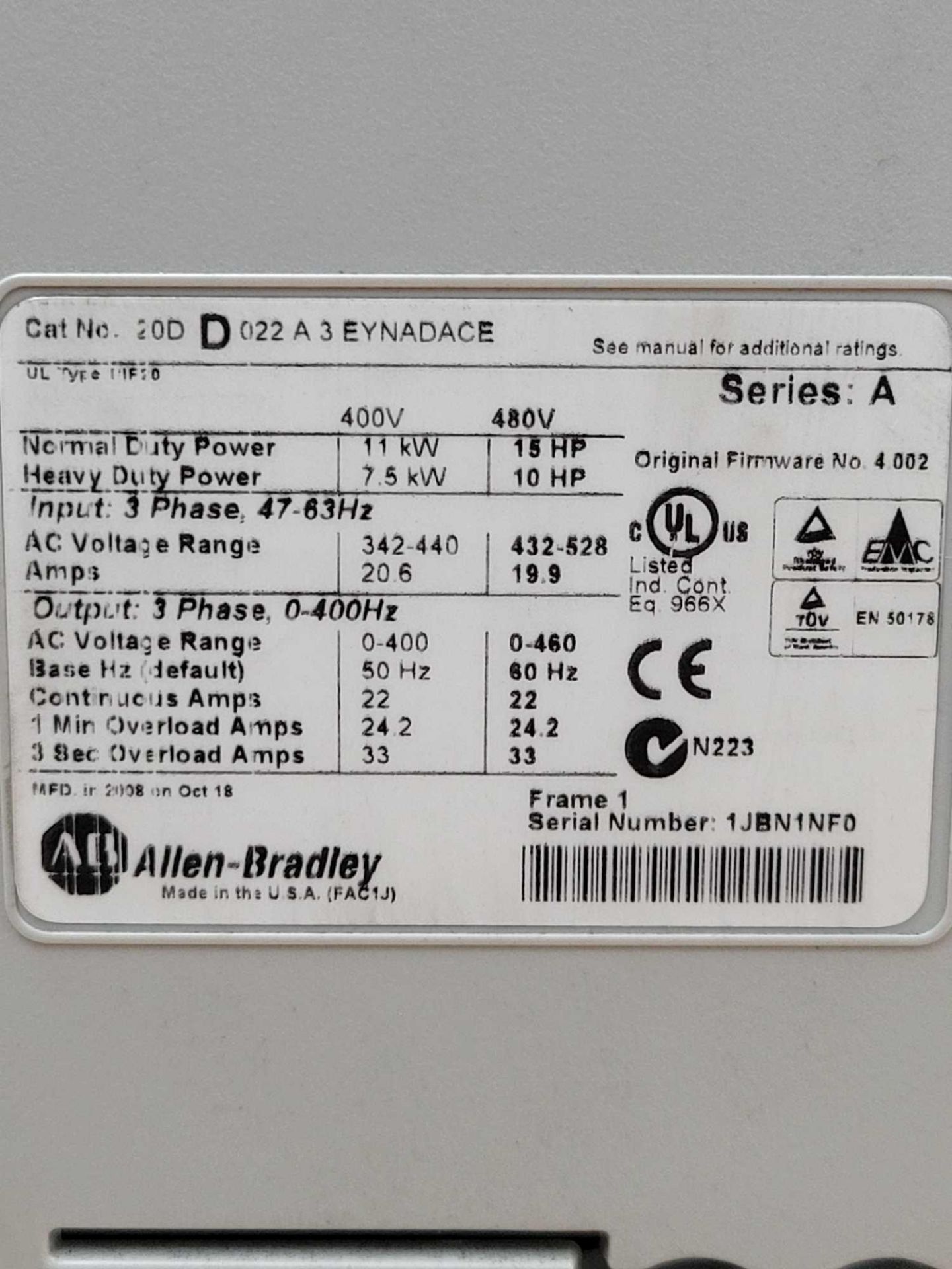 ALLEN BRADLEY 20DD022A3EYNADACE / Series A Powerflex 700S AC Drive  /  Lot Weight: 16.6 lbs - Image 5 of 7