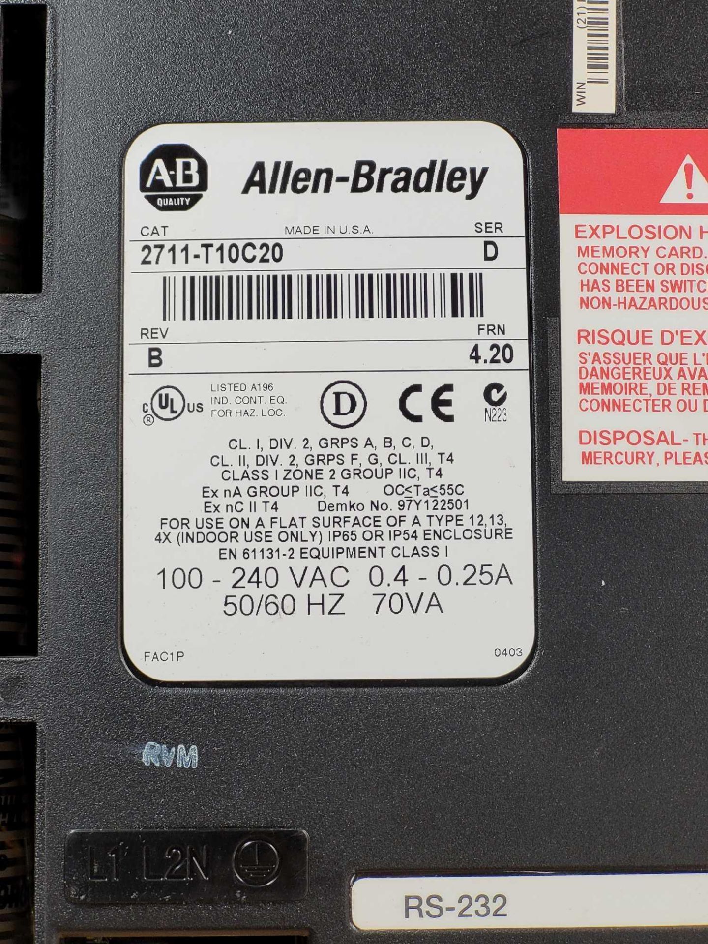 ALLEN BRADLEY 2711-T10C20 / Series D PanelView1000 Touchscreen Operator Interface  /  Lot Weight: 6. - Image 3 of 5