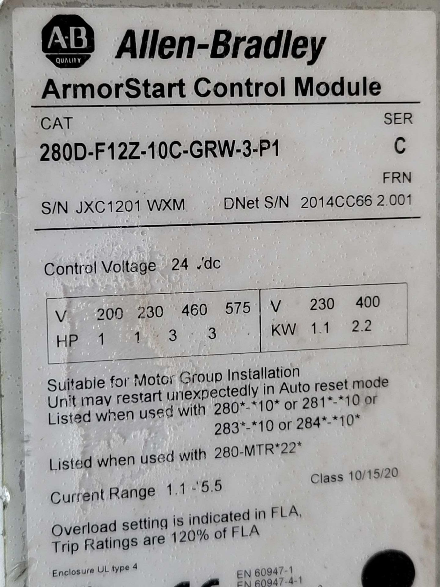 ALLEN BRADLEY 280D-F12Z-10C-GRW-3-P1 with 280D-FN-10-C / Series C ArmorStart Control Module with Ser - Image 7 of 7
