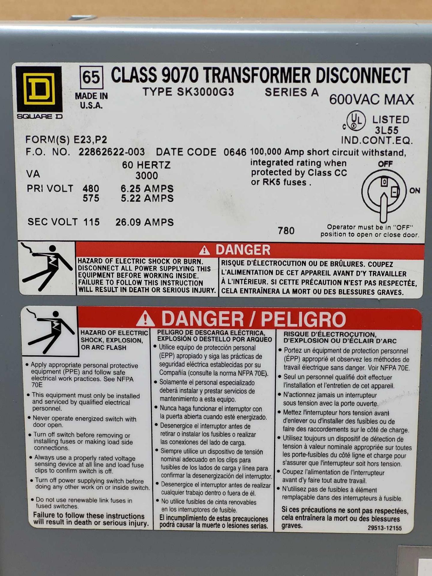 SQUARE D SK3000G3 / Series A Class 9070 Transformer Disconnect  /  Lot Weight: 65.2 lbs - Image 2 of 10