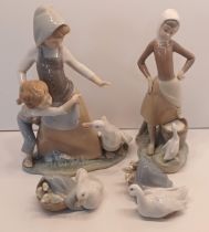 FOUR LLADRO GIRL WITH MILK PAIL 4682, 2 DUCKLINGS 4895 AND GIRL BOY GOOSE 5033