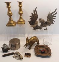 MIXED LOT INC A BRASS ELEPHANT, FIGHTING COCKS, CANDLESTICKS ETC