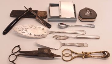 MIXED COLLECTION - SILVER PLATED CORONATION 1937 CAKE SLICE, SUGAR TONGS, CANDLE SNUFF CUTTER ETC,,,