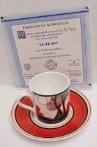 CLARICE CLIFF "AUTUMN" COFFEE CAN AND SAUCER BY WEDGWOOD WITH CERTIICATE AND BOXED