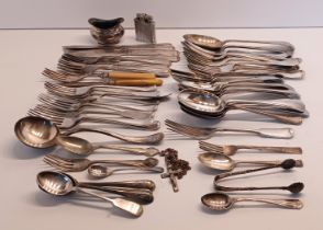 A SILVER 1885 SUGAR TONG, SILVER SPOON AND FORK AND TEASPOON TOTAL SILVER WEIGHT 76g, AND BOX EPNS