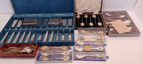SILVER 1927 COFFEE BEAN TEASPOON SET AND OTHER SILVER PLATED CUTLERY