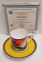 CLARICE CLIFF "WINDMILL" COFFEE CAN AND SAUCER BY WEDGWOOD WITH CERTIICATE AND BOXED