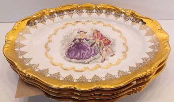 GERMAN GLORIA GOLD OVAL PLATES OF VICTORIAN COUPLE 32CM X 24CM