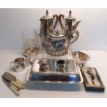 SILVER PLATE 4 PIECE COFFEE SET & 8 OTHERS