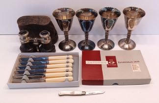 A SILVER 1922 MOTHER OF PEARL FRUIT KNIFE, PAIR OF CASED OPERA GLASSES, TEA KNIFE SET, EPNS GOBLETS