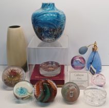 4 CAITHNESS PAPERWEIGHTS, VASES, SCENT BOTTLE, MDINA