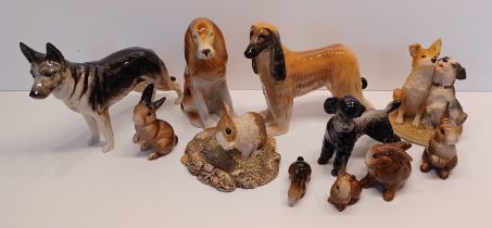 BESWICK - SIX RABBITS 823, 824, 825, 826 AND A BRIGHT EYES SCULPTURE, THREE JOHN BESWICK DOGS ETC