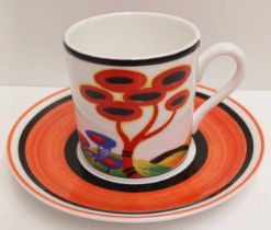 CLARICE CLIFF "RED TREE" COFFEE CAN AND SAUCER BY WEDGWOOD WITH CERTIICATE AND BOXED