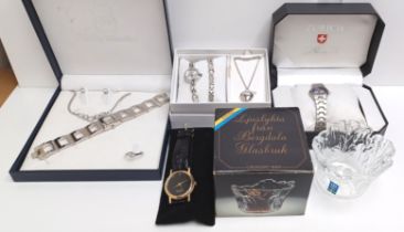 LADIES WATCHES - 2 PHILIP MERCIER WATCH SET, ZURICH SPORTS, DIAMOND WATCH AND SWEDISH GLASS VASE